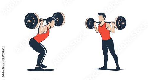 Illustration of a man performing a barbell squat exercise, showing both the lowered and standing positions for strength training.