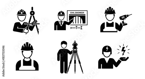 Set of black vector icons depicting construction workers and surveying activities.