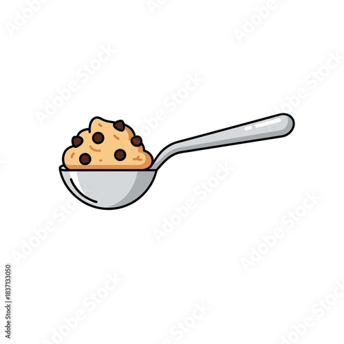 A metal spoon holding a generous portion of raw chocolate chip cookie dough, isolated on a white background