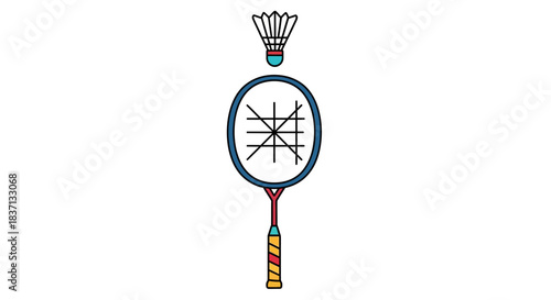 A cartoon illustration of a badminton racket and a shuttlecock on a plain white background.