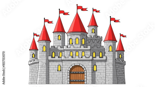 Gray Stone Castle with Red Roof Spires and Flags Illuminated Windows Dark Background Fantasy Fortress Medieval Architecture Illustration