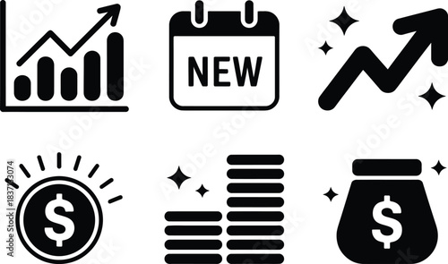 Business and Finance Icons: Growth, New, Money, and Success
