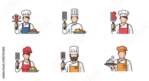 Set of six cartoon chef characters in various uniforms and aprons, holding cooking utensils and prepared dishes, illustrating culinary professionals and food preparation.