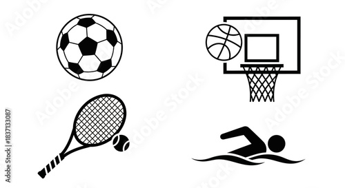 Black and white vector icons representing various popular sports activities and equipment.