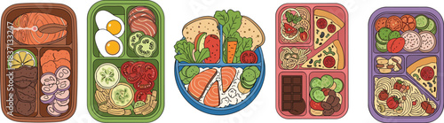 Meal containers, diverse food, healthy eating, nutrition, salmon, pasta, pizza, vegetables, cookies, illustration, vector, balanced diet, lunchbox, food variety, compartment meals, colorful, dietary