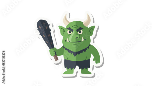 Green Fictional Monster Character Holding A Spiked Club With Horns And A Frown On A White Background