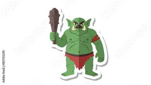 Green Goblin Creature With Club and Fierce Expression Against Black Background Flat Design Style