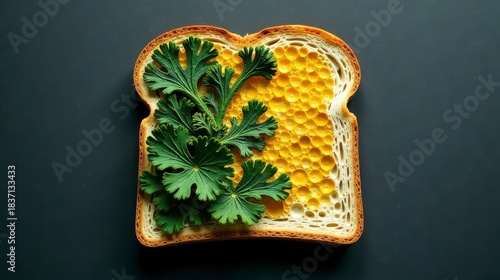 A slice of bread artistically adorned with vibrant green foliage and a honeycomb-like yellow pattern, a visually striking still life composition.