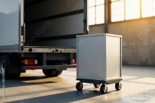 A metal container on wheels sits near a large delivery truck, ready for loading or unloading in a spacious warehouse setting.