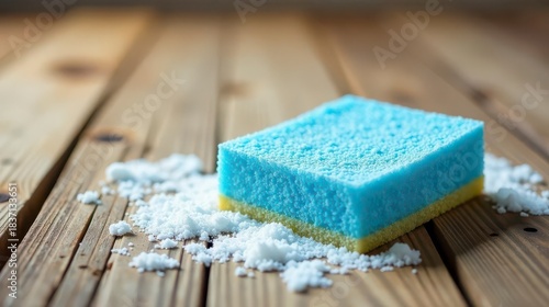 A bright blue and yellow cleaning sponge rests on a wooden surface, surrounded by a scattering of cleaning powder.