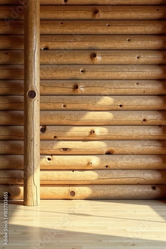 Warm Sunlight Illuminates Rustic Wooden Walls and Light-Colored Floor in a Cozy Cabin Interior