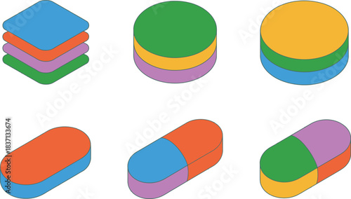 Abstract Geometric Shapes in Vibrant Colors, Isometric View