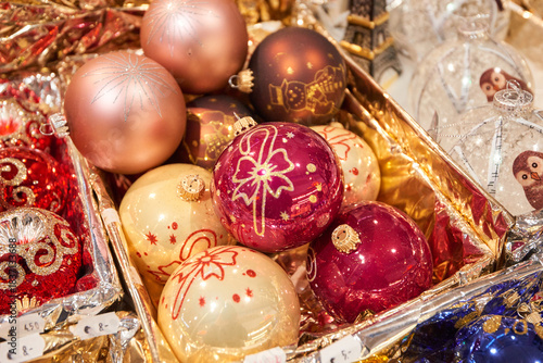 Christmas Market Stall with Wooden Decorations, Lights and Christmas baubles