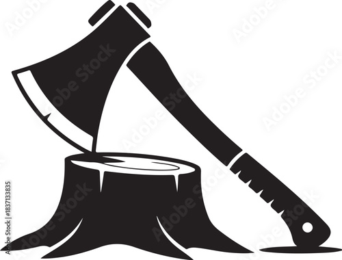 Black silhouette of an axe embedded in a tree stump Keywords: axe, hatchet, woodcutting