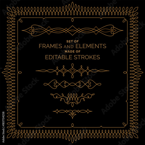 Vintage thin mono line set. Neoclassic elegant frame and dividers. Editable line, easy to change thickness