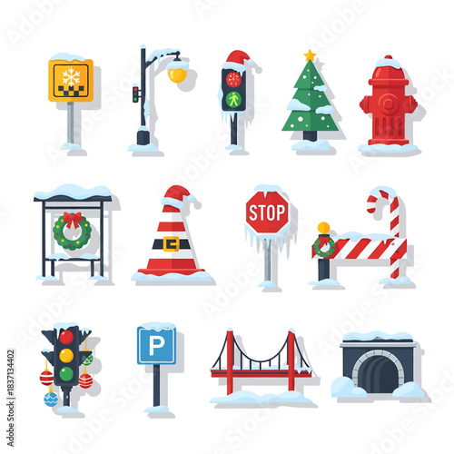 Winter holiday and Christmas themed street and traffic elements, snow-covered icons for city and transportation