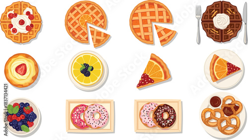 Grid of twelve illustrated breakfast and dessert items including waffles, pies, tarts, donuts, and berries for culinary design use.