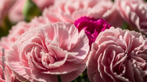 Soft Petals in Bloom: A close-up view of delicate, soft pink carnations. The light softly caresses their intricate petals, showing the beauty of nature.