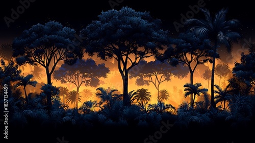 Golden tropical sunset in exotic rainforest jungle high resolution picture