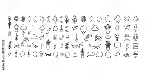 Collection of hand drawn doodle icons representing various objects and concepts