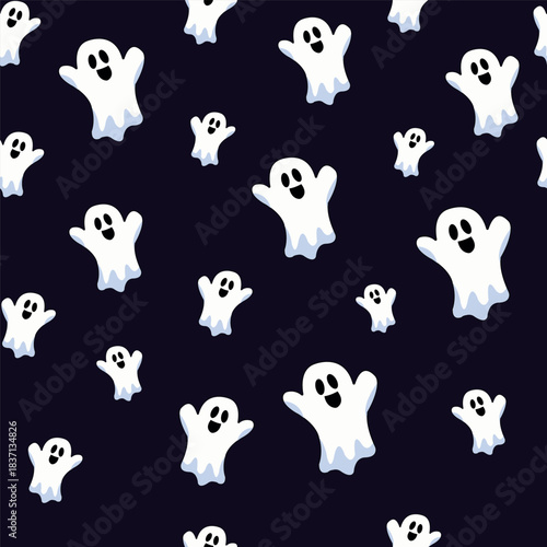 seamless pattern with cute ghosts in cartoon style on dark background