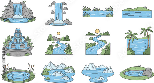 Set of twelve illustrated water bodies including rivers, waterfalls, ponds, and fountains for educational, environmental, or design use.