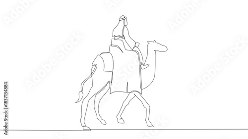 One continuous line drawing of Arab youth riding a camel. Happy Islamic New Year. Single-line draw design vector graphic illustration.