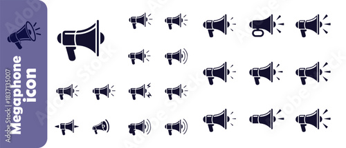 Collection of black megaphone icons in various sizes and styles, communication announcement symbols vector