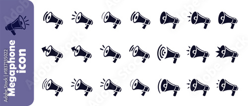 Set of black megaphone icons with sound waves and arrows, various communication announcement symbols vector