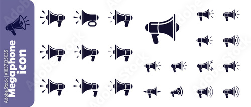 Assortment of black megaphone icons with different designs and sizes, communication announcement symbols vector