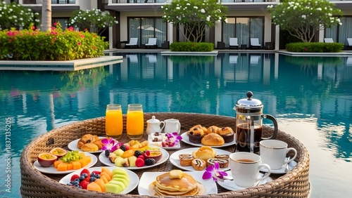 Floating Feast: A lavish breakfast spread floats serenely on a tranquil pool, promising a luxurious start to the day.