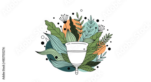 Eco-friendly menstrual cup surrounded by a beautiful arrangement of colorful leaves and flowers, promoting sustainable feminine hygiene products.