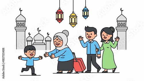 Illustration of a family welcoming their grandmother home for Eid.