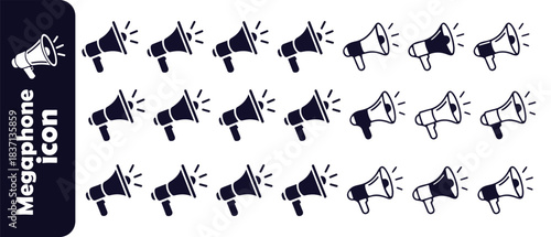Megaphone icons communication and announcement symbols black solid and outline styles vector illustration