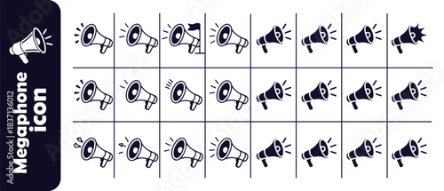 Megaphone outlined icon set, hand drawn style black and white vector, announcement and attention concept
