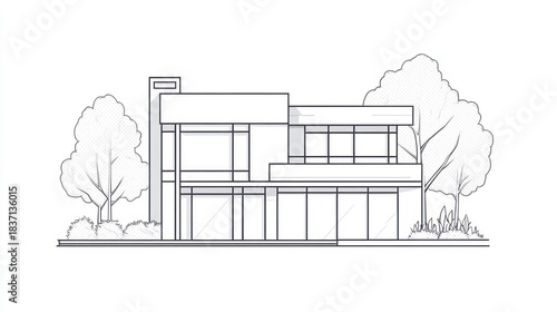 Modern house architectural plan, landscaping, white background, home design