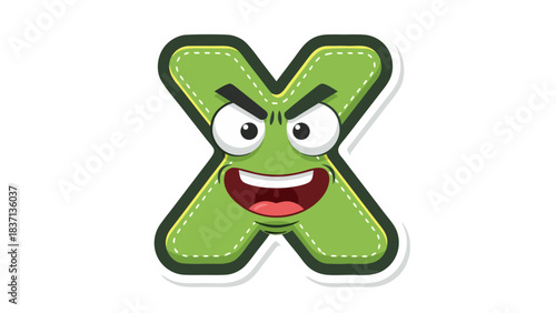 Green Letter X Character With Angry Face And Sharp Teeth On Black Background Vector Illustration