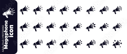 Megaphone solid black and white icon set, announcement and advertisement symbol, attention concept vector