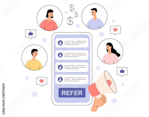 Refer a friend concept. Marketing referral program. Special offer announcement. Invite friends for community, social media group or app and earn rewards, money bonus. Flat vector illustration