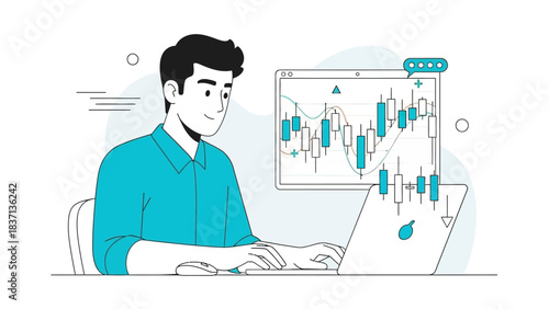 Man Analyzing Stock Market Data on Laptop with Candlestick Chart.
