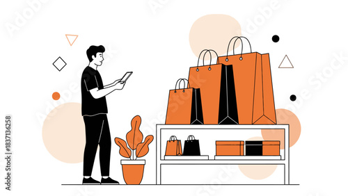 Man checking shopping list near display of shopping bags.