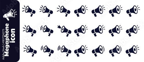 Collection of black megaphone vector icons featuring sound waves for essential announcements and public alerts