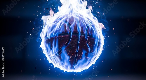 Basketball engulfed in vibrant blue flames, a dynamic sports image.