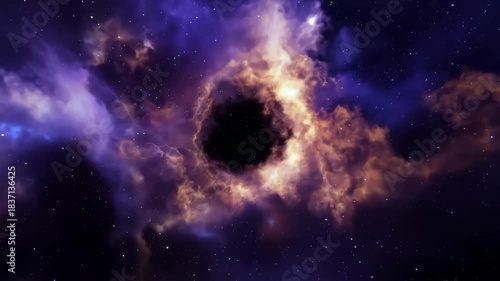 A mesmerizing black hole surrounded by swirling clouds of orange and blue light in a vast deep space setting. 4k Video footage.