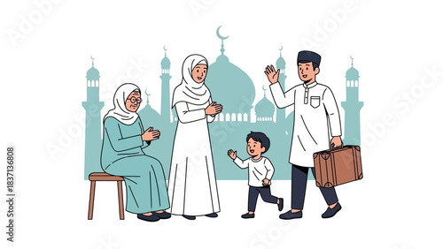 Muslim Family Celebrating Eid al-Fitr in Front of Mosque.