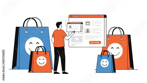 Online Shopping Experience with Smiling Bags and User Interface.