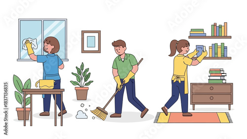 People cleaning house together, woman wiping window, man sweeping floor.