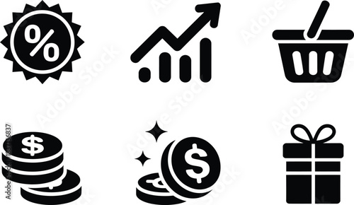Business and Finance Icons: Discount, Growth, Shopping, Money, and Gift