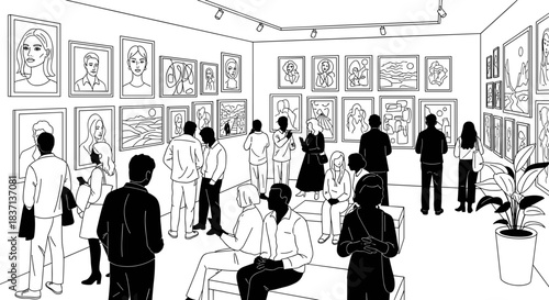 Art gallery illustration, people viewing artwork, black and white design, creative space, abstract portraits, visual appreciation, modern exhibition, cultural engagement