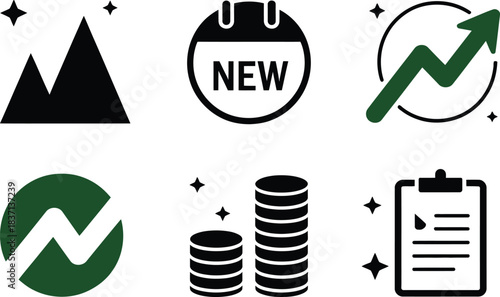 Business and Finance Icons: Mountains, Calendar, Growth, Coins, and Clipboard